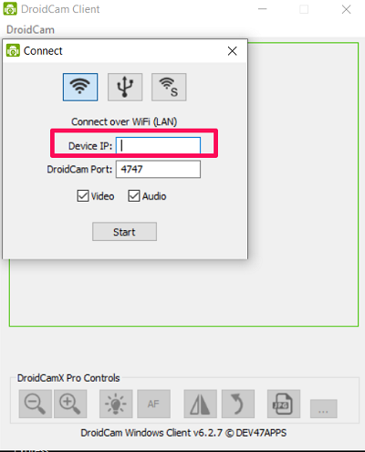 Device IP box in Droidcam windows client