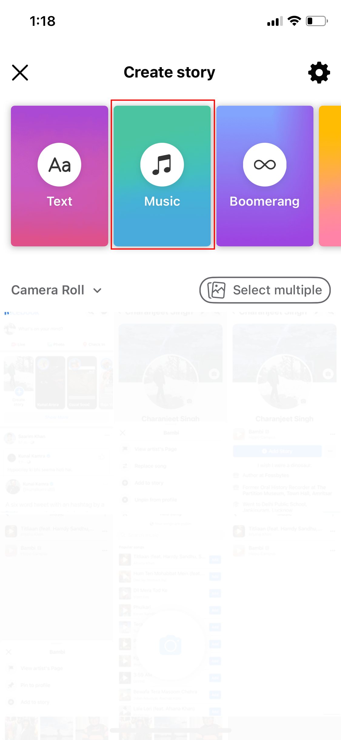 Create facebook music story