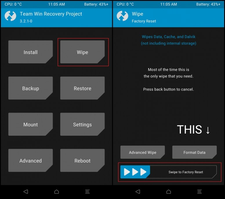 twrp swipe to factory reset