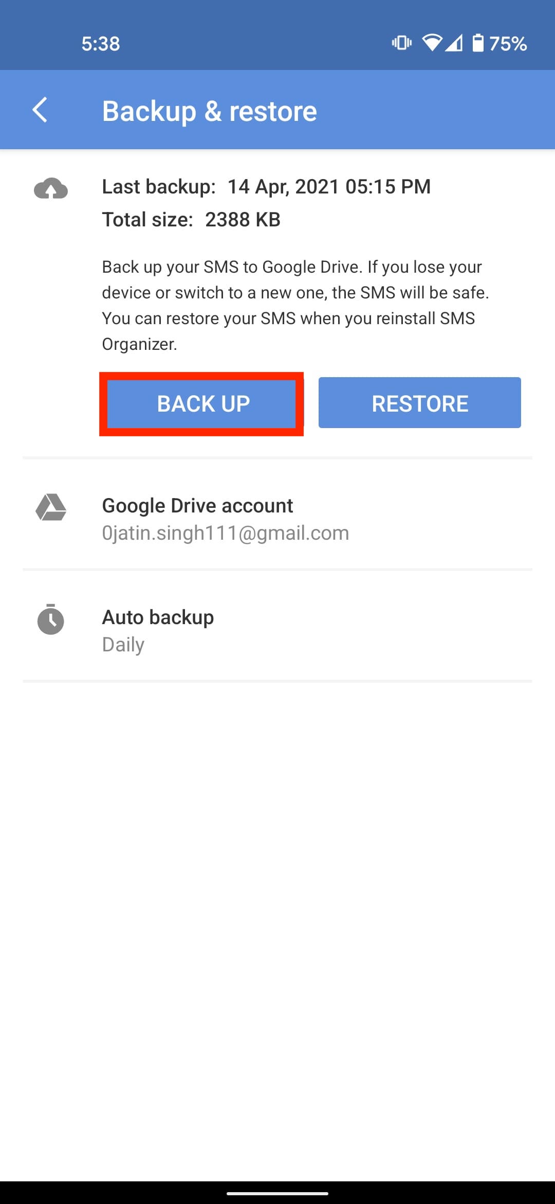 SMS organizer backup