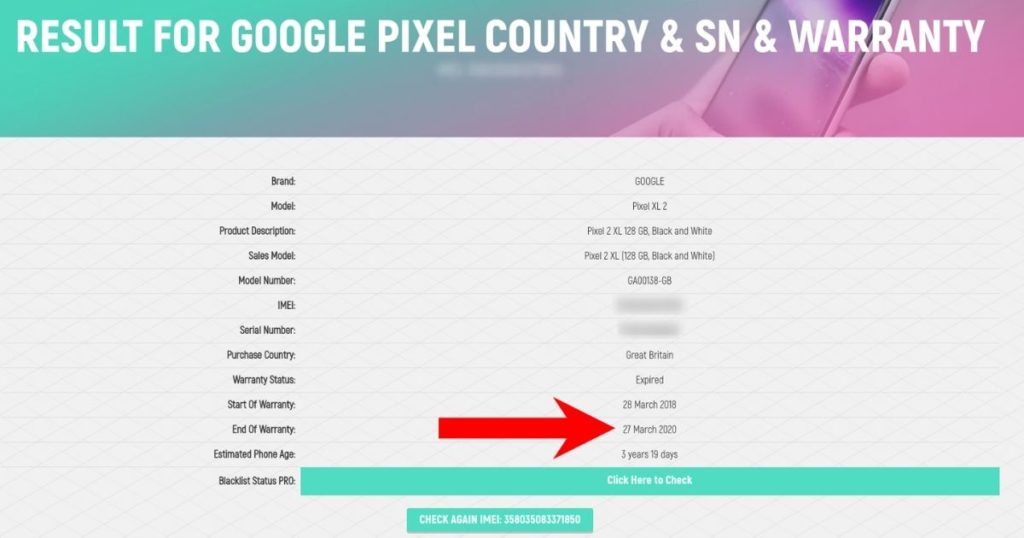 check the warranty imei.info