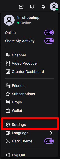 Twitch settings option