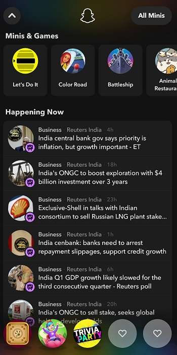 snapchat shortcuts minis games