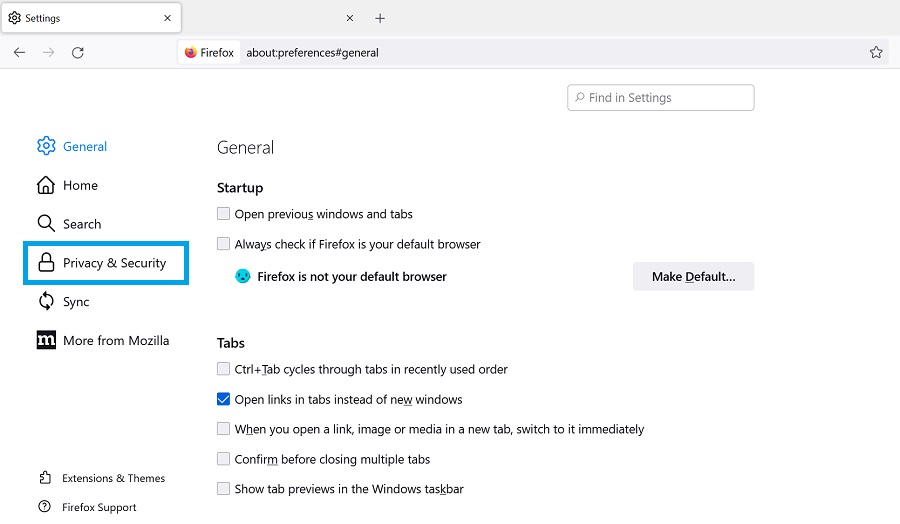 privacy and security tab in firefox