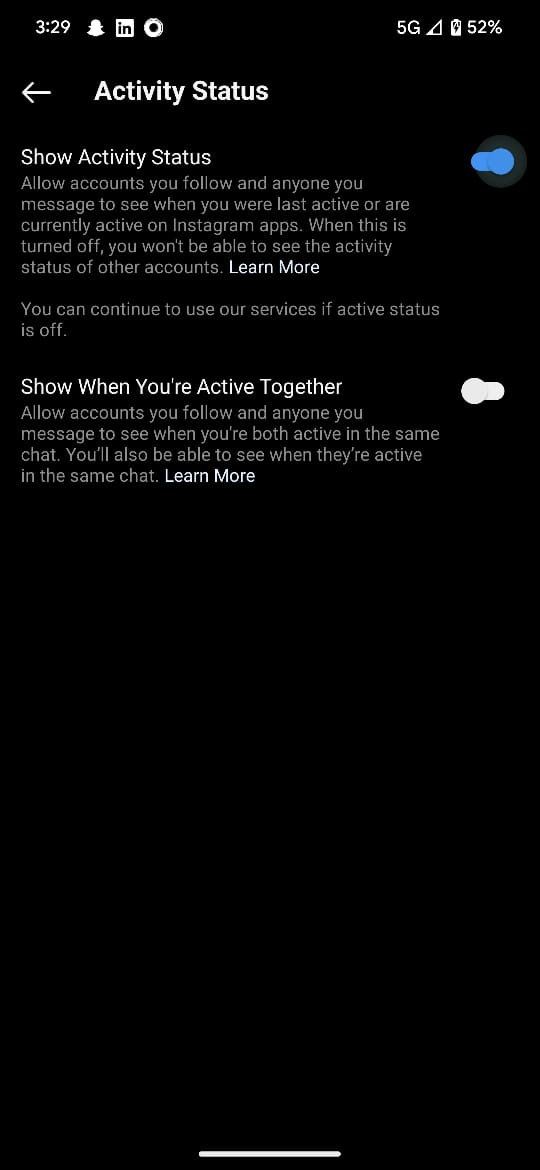 Instagram disable activity status feature