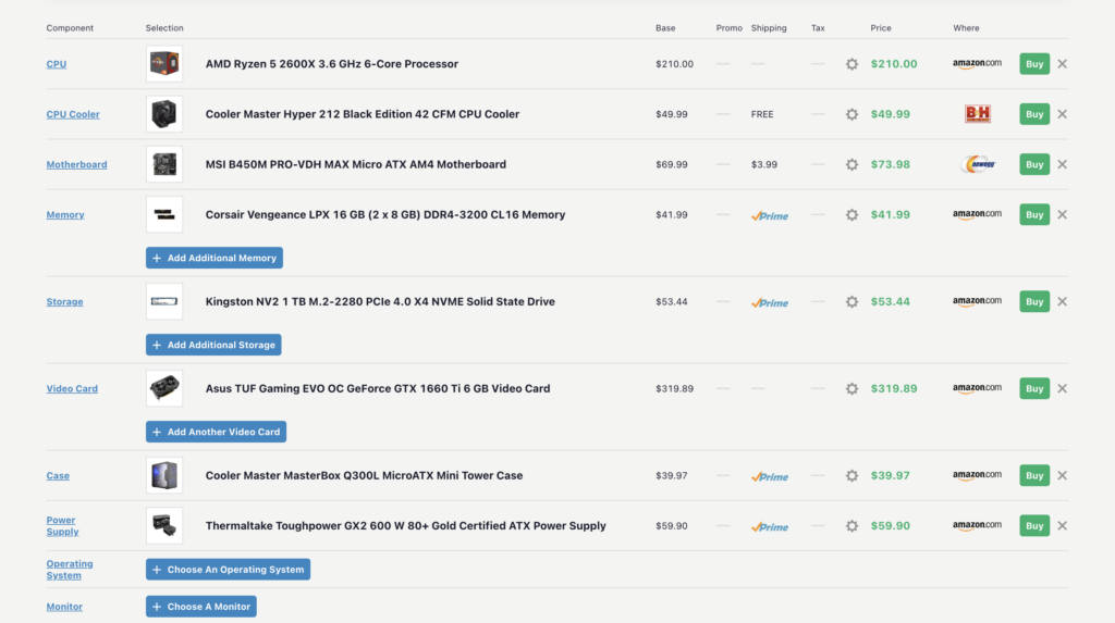 Photo of the list of part and their prices from PC part picker