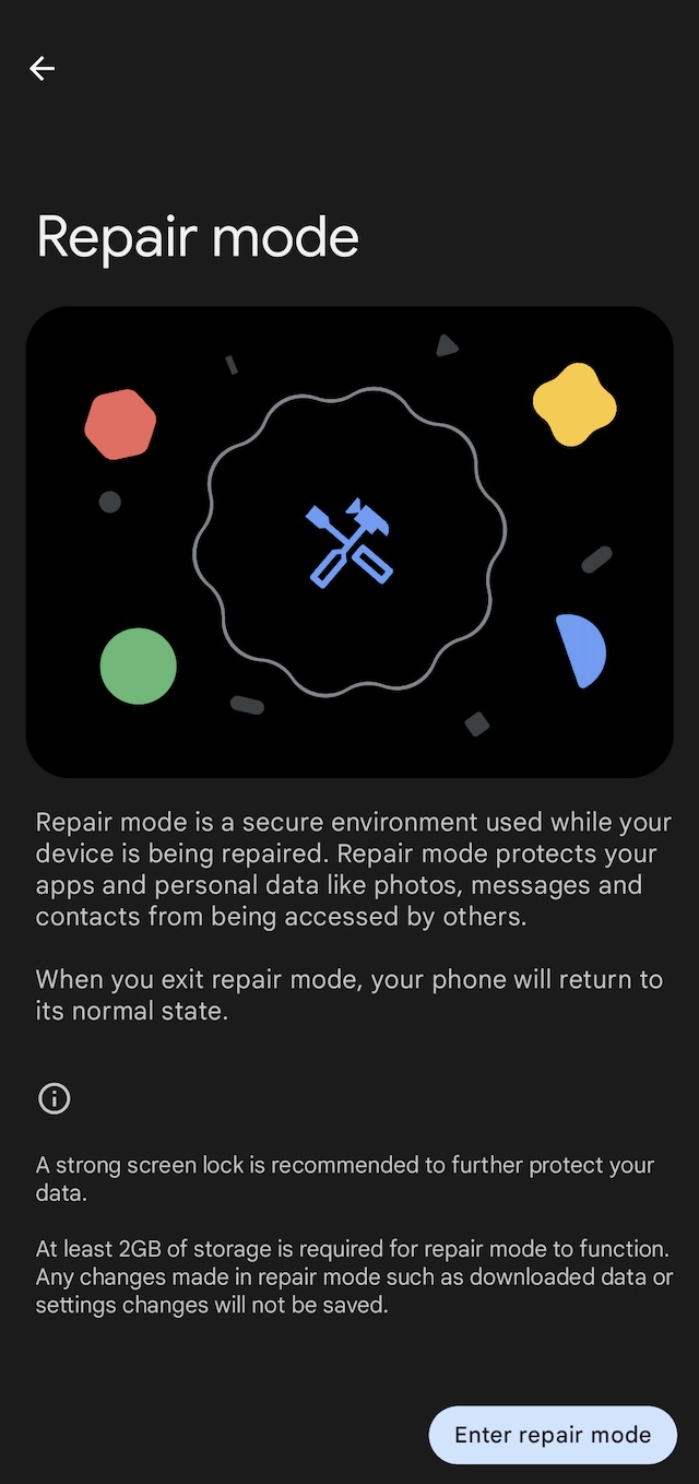 Photo of Pixel Repair Mode Screen