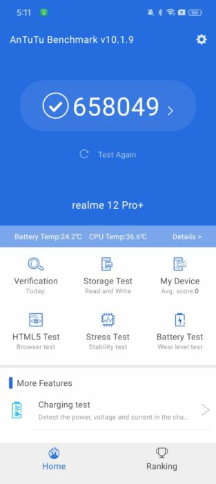Image of the Antutu score of the Realme 12 Pro Plus
