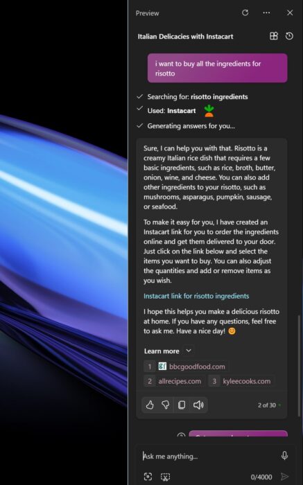 Screenshot of Instacart making a list for all the ingredients