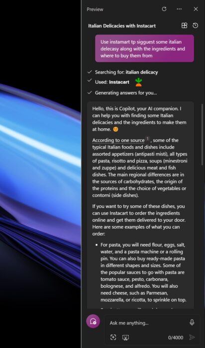 Screenshot of Instacart recommending some Italian delicacies 