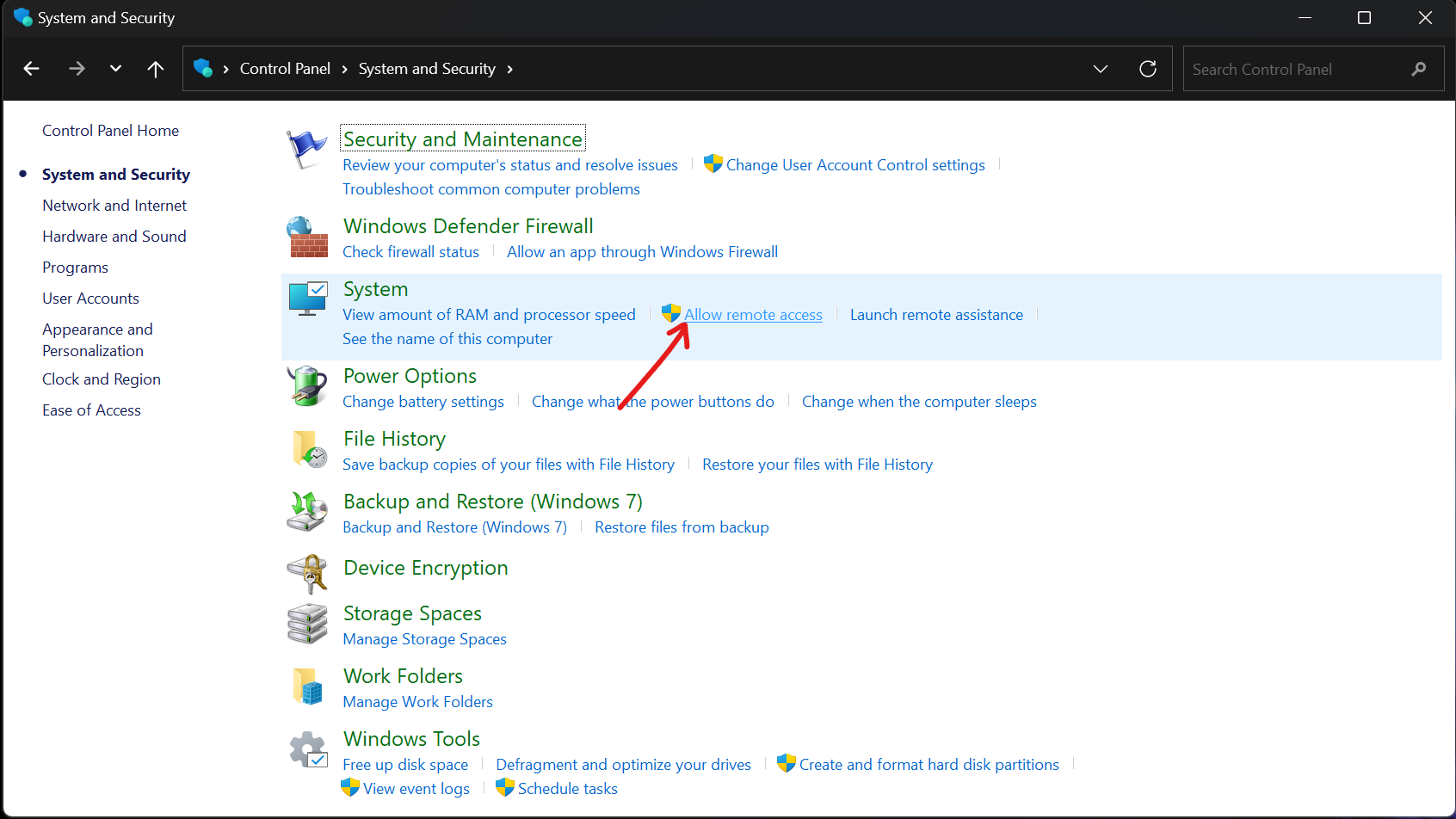 Image of the Allow remote access setting