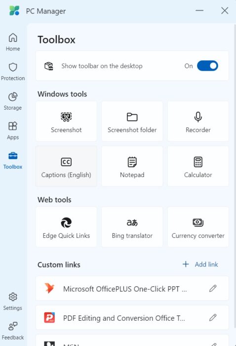 Screenshot of the toolbox settings 