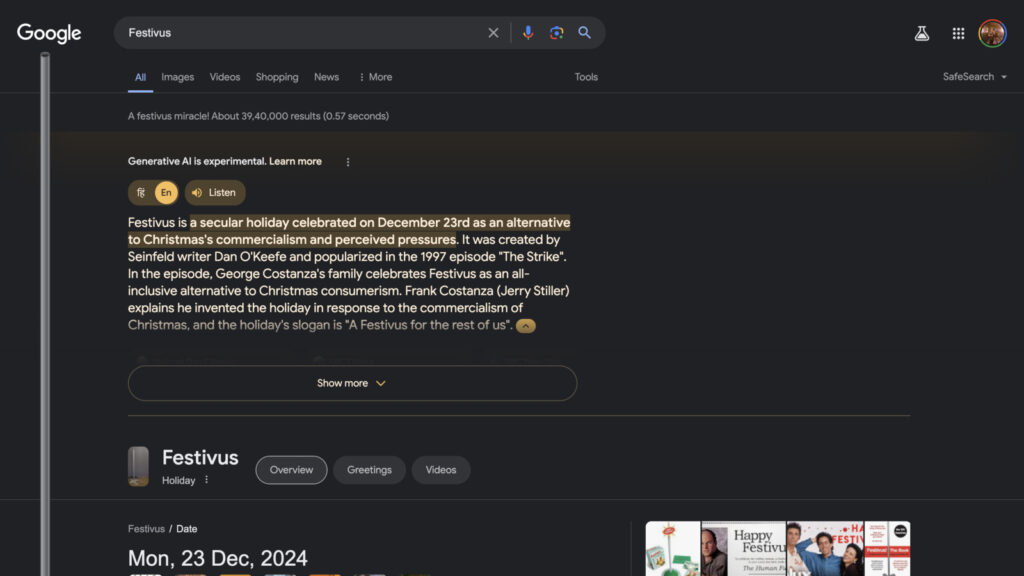 Screenshot of the festivus Google trick/feature