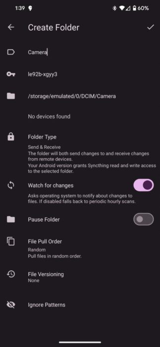 Screenshot of the Syncthing android app while creating a folder-1