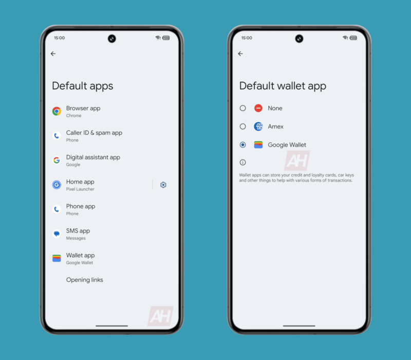 Screenshots of the default wallet app settings in Android 15