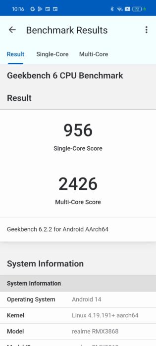Screenshot of the Geekbench benchmark result