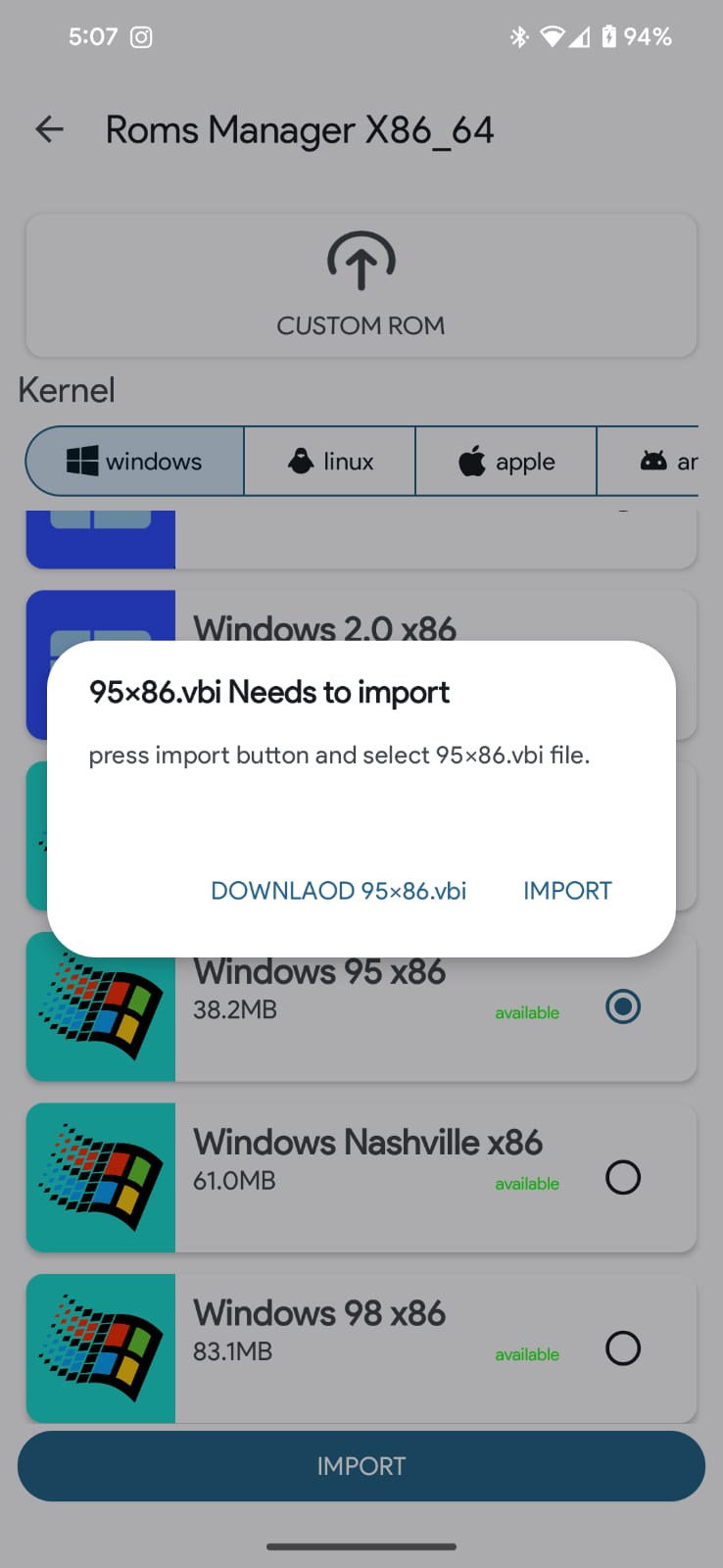 Screenshot of the import OS button