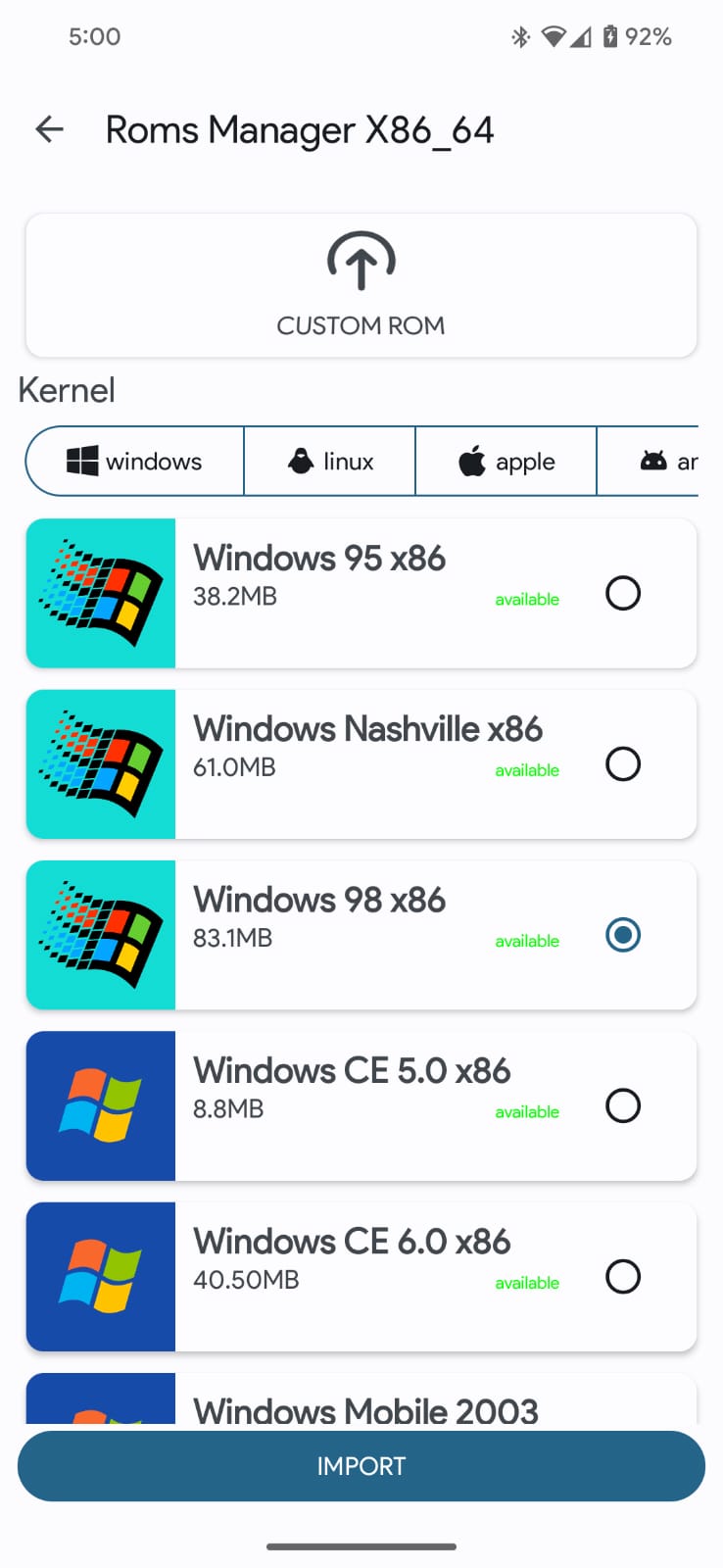 Screenshot of all the available OSs on VectrasVM
