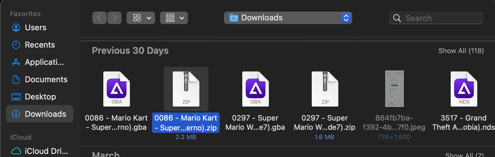Screenshot of the file manager while locating the game file for Delta emulator on a MacBook