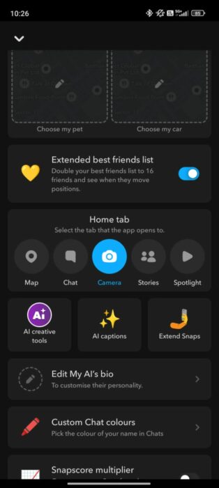 Screenshot of the change home tab feature 2