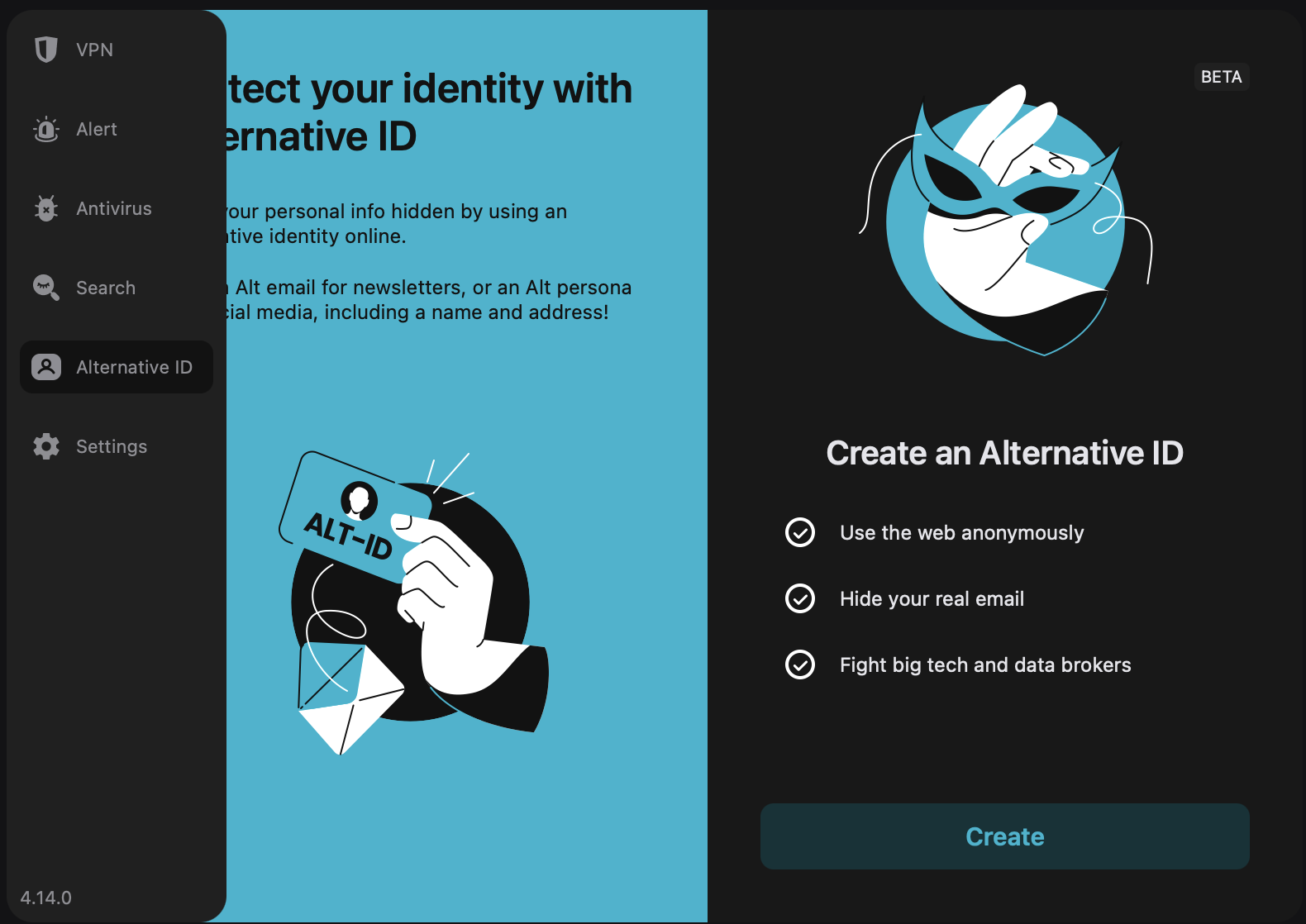 Alternative ID section on Surfshark VPN to prevent identity theft