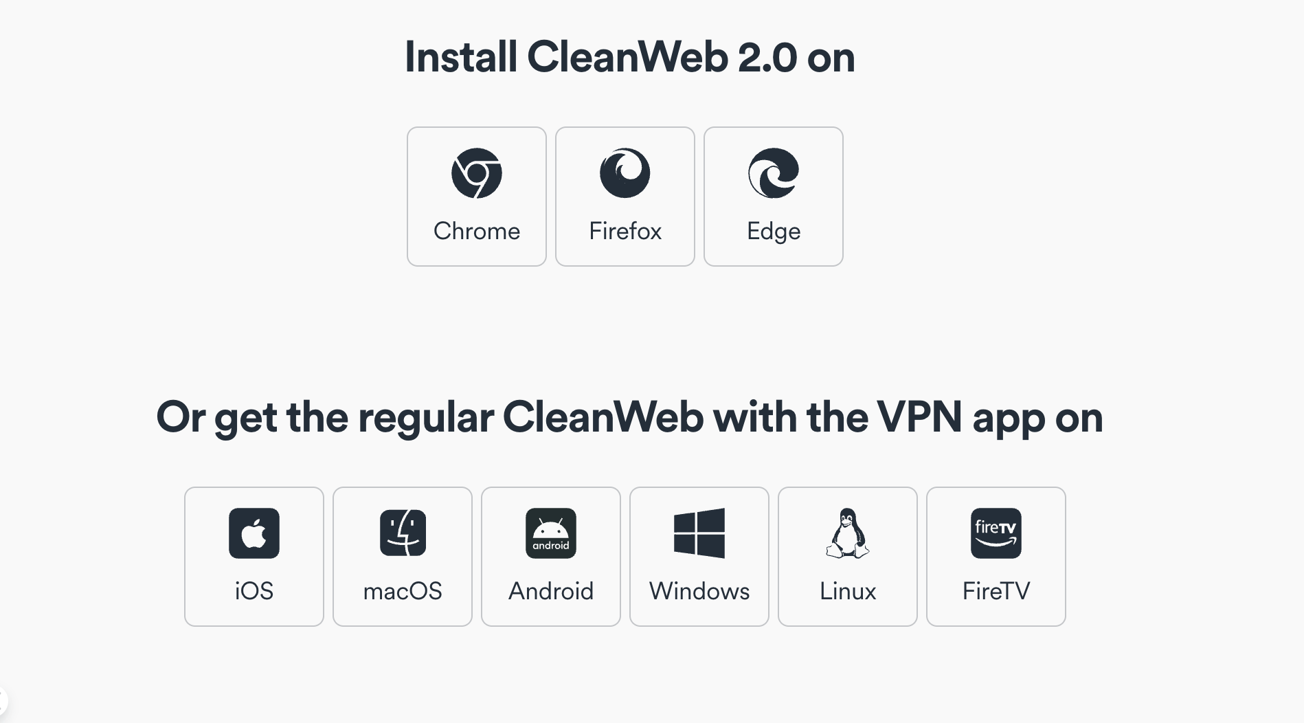Screenshot of the Clean Web downloads page on the Surfshark website to block YouTube ads