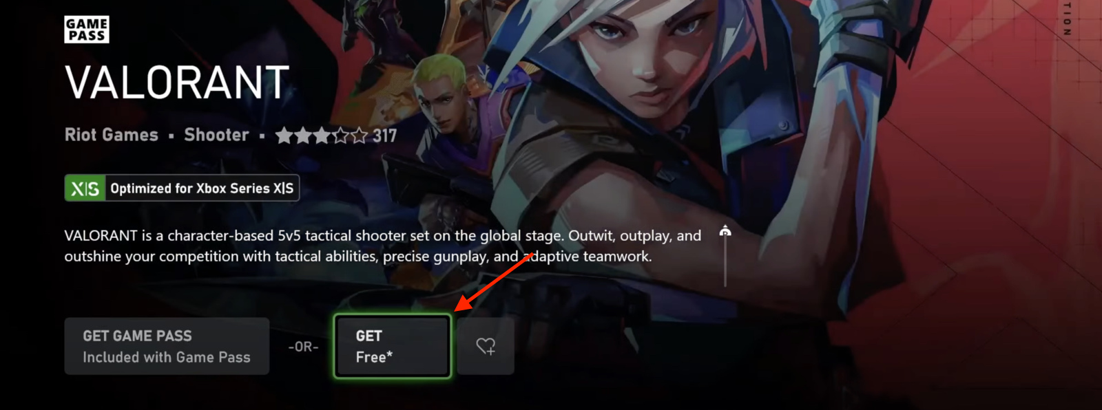 Image of the Get Free button to download Valorant on Xbox 