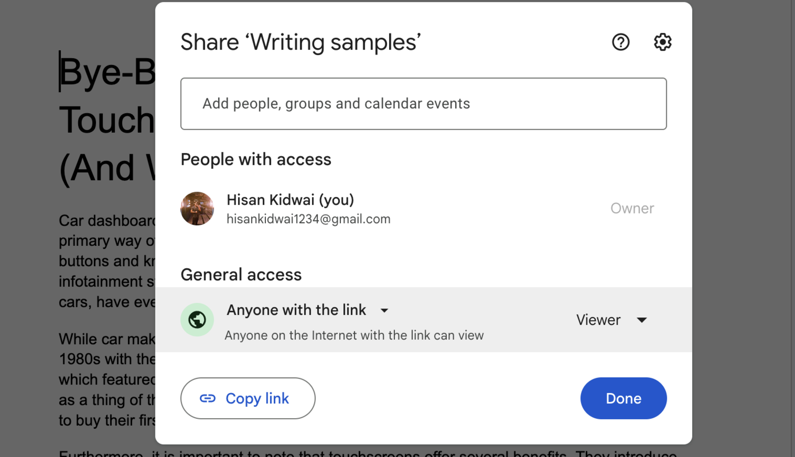 Image of the Anyone with Link option in Google Drive