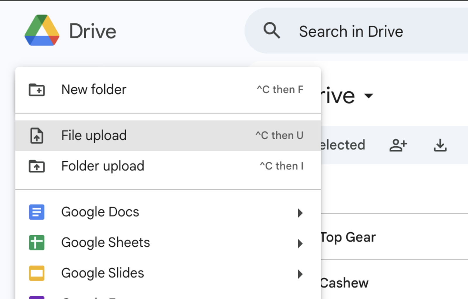 Image of the File Upload Option in Google Drive to create a direct download link