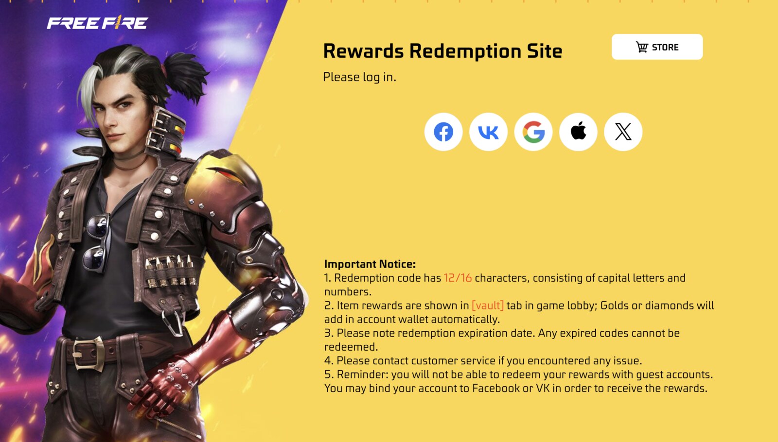 Image of the free fire code redeem log in page