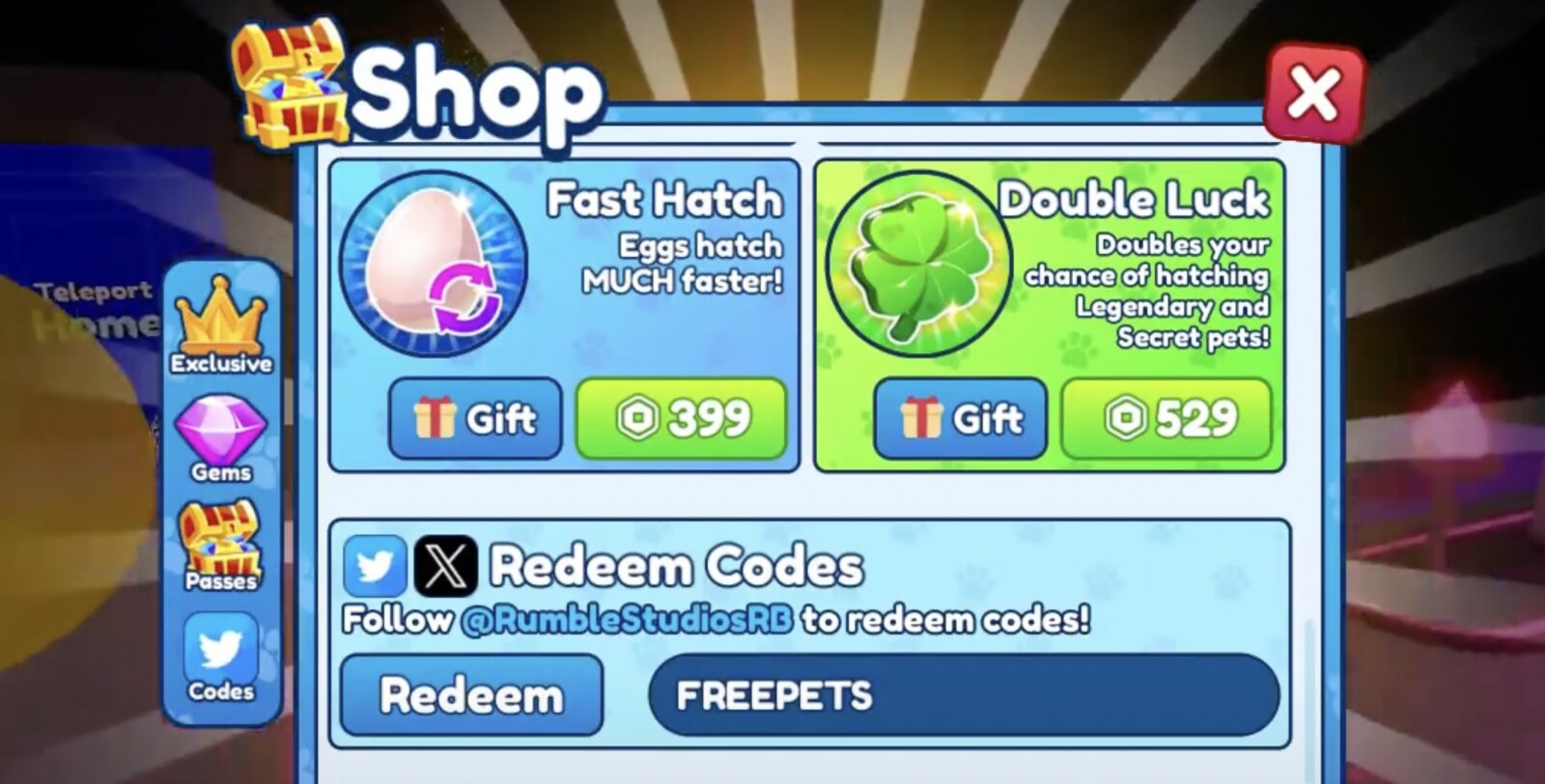 Image of the redeem button in bubble gum simulator infinity