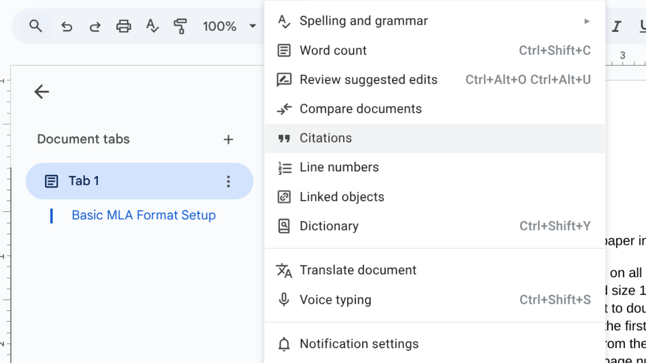 image to select Citations from the dropdown
