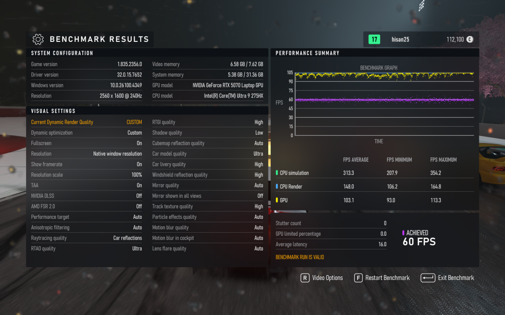 Image of the Forza Motorsport benchmark on the Strix G16
