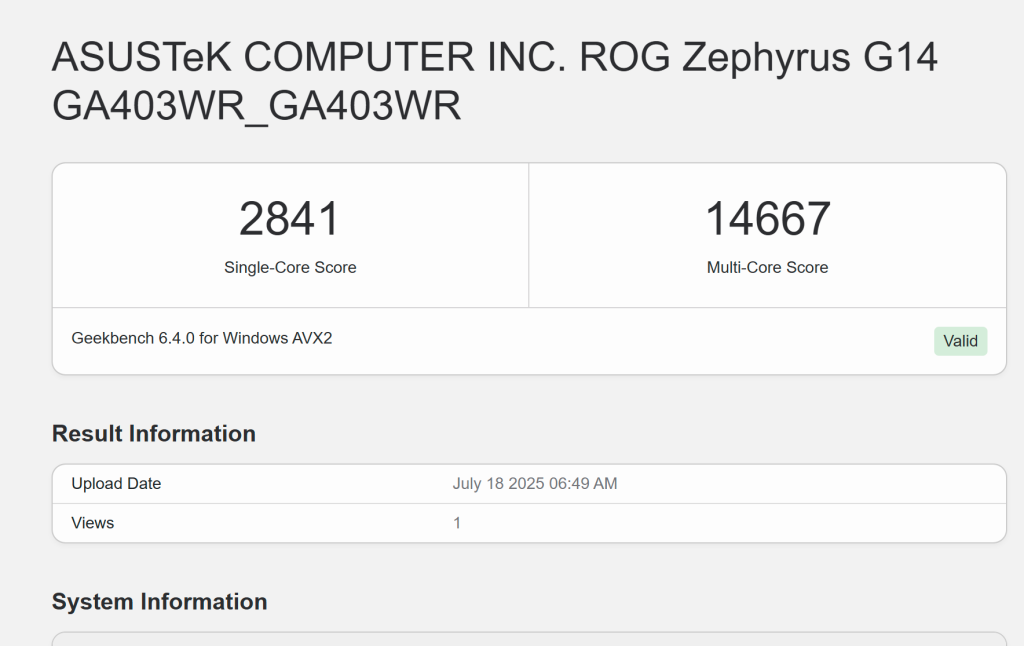 Geekbench CPU benchmark result