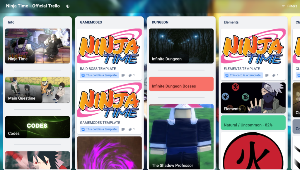 image for inside Ninja Time Trello board