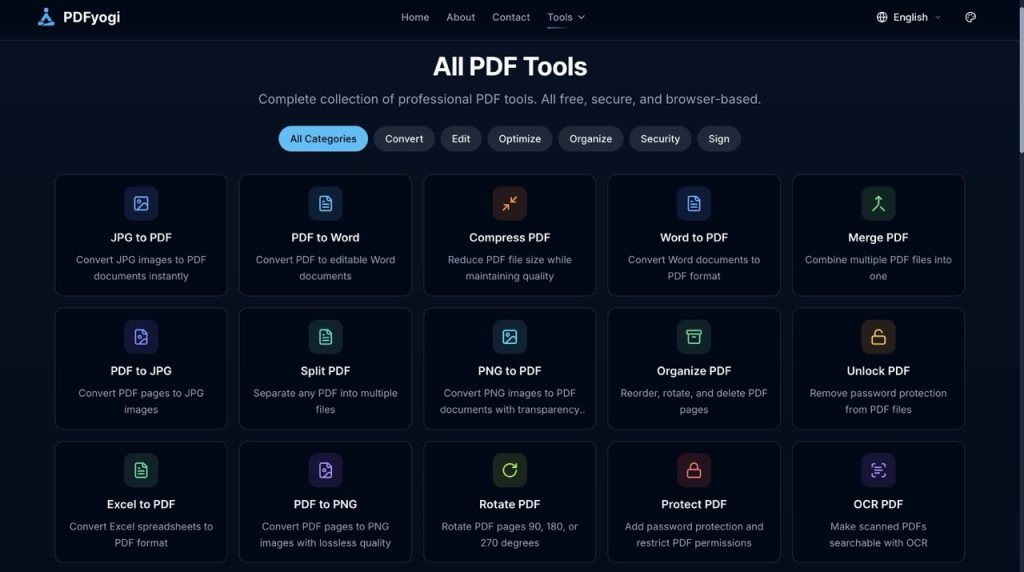 Screenshot of the tools available in PDFYogi